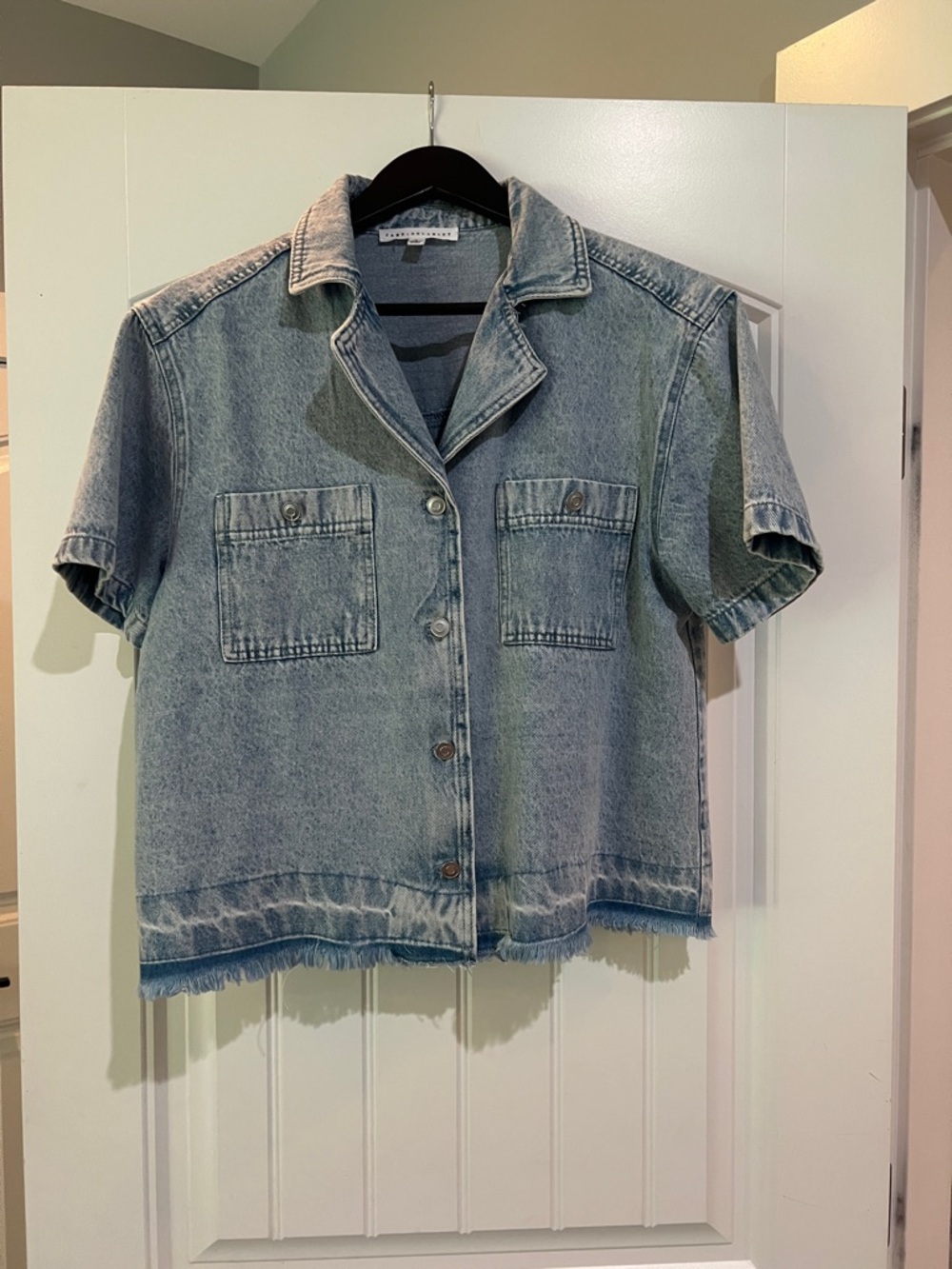 Jane and Delancey Light Blue Denim Short Sleeve Button-Up Top